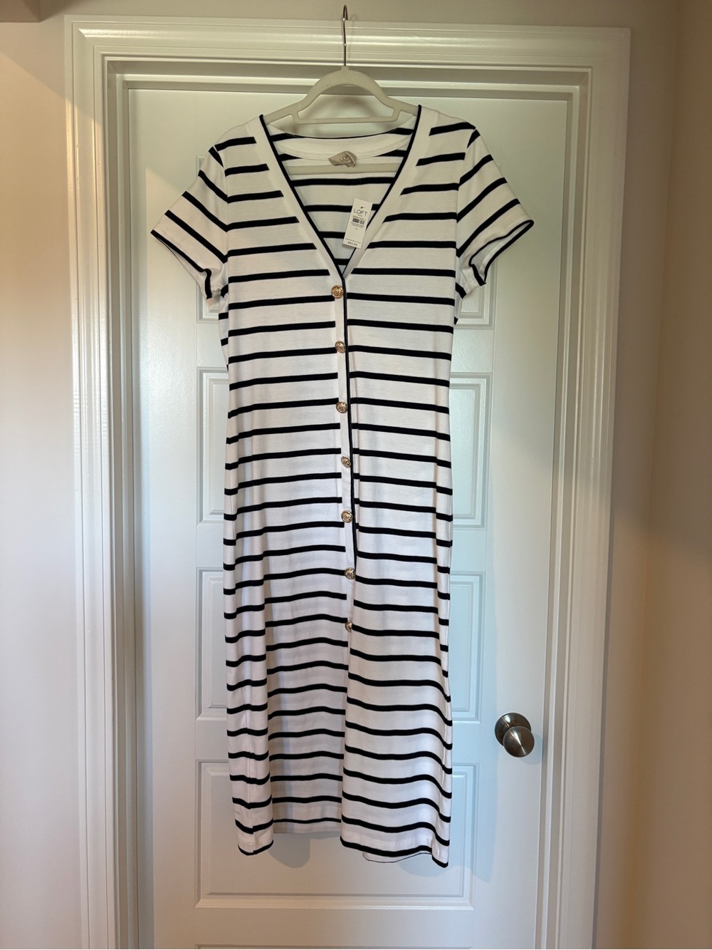 LOFT Navy & White Striped Button-Front Pullover maxi dress